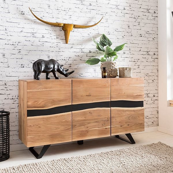 Wohnling Sideboard SATARA 148 x 85 x 43 cm Massivholz Akazie Natur Baumkante Anrichte, WL5.194