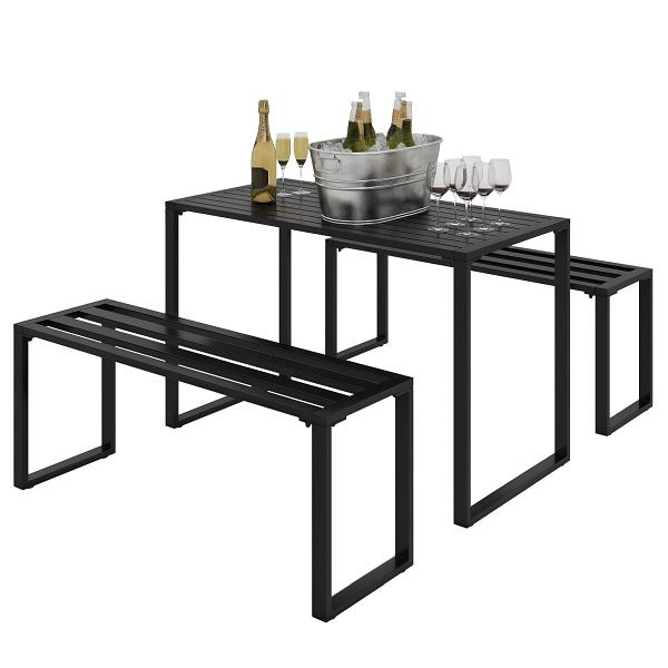 Outsunny Gartengarnitur für 4 Personen, 1 Tisch & 2 Bänke, Metall, Schwarz, 84B-250