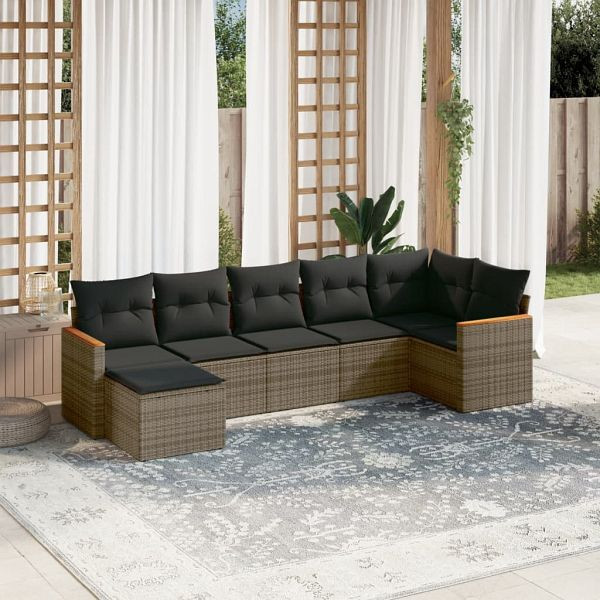 vidaXL 7-teilig Garten-Sofagarnitur mit Kissen Grau Poly Rattan, 3226193