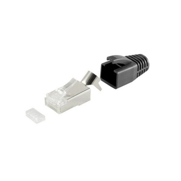 S-Conn Netzwerk Modular Stecker RJ45 SET für Verlegekabel bis AWG 23, Stecker mit Zugentlastung, Einführhilfe und Tülle, schwarz VE: 10 Stück, 72067-10S