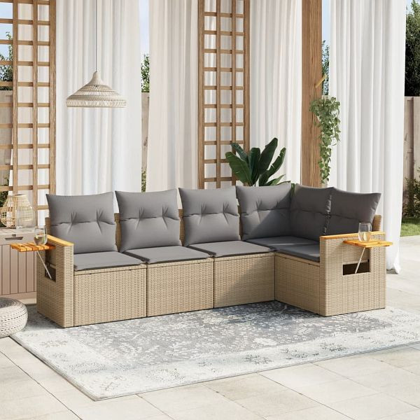 vidaXL 5-tlg. Garten-Sofagarnitur mit Kissen Beige Poly Rattan, 3226787