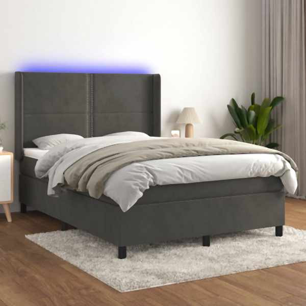vidaXL Boxspringbett mit Matratze & LED Dunkelgrau 140x190 cm Samt, 3139500