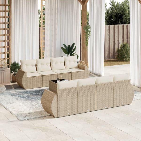 vidaXL 9-teilig Garten-Sofagarnitur mit Kissen Beige Poly Rattan, 3221147