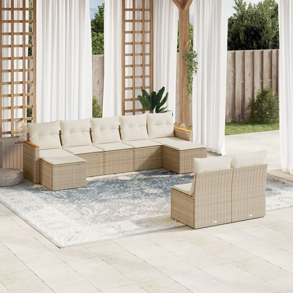 vidaXL 9-tlg. Garten-Sofagarnitur mit Kissen Beige Poly Rattan, 3258775