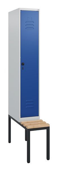 C+P Umkleidespind Classic PLUS, mit untergebauter Sitzbank, 1950x300x815mm, 7035/5010, Drehriegel, Buche-Sitzleisten, 0800505-10 S10003