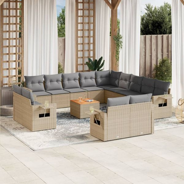 vidaXL 14-teilig Garten-Sofagarnitur mit Kissen Beige Poly Rattan, 3257172