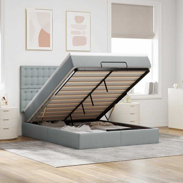 vidaXL Ottoman-Bett mit Matratze & LEDs Hellgrau 140x200 cm Stoff, 3314176