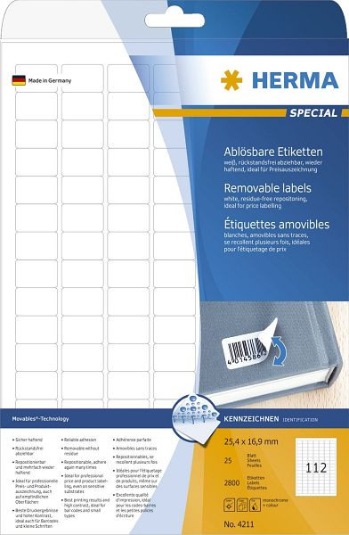 HERMA 4211 Etiketten A4 weiß 25,4x16,9 mm Movables/ablösbar Papier matt 2800 St., 4211