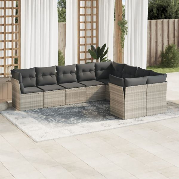 vidaXL 9-tlg. Garten-Sofagarnitur mit Kissen Hellgrau Poly Rattan, 3218172