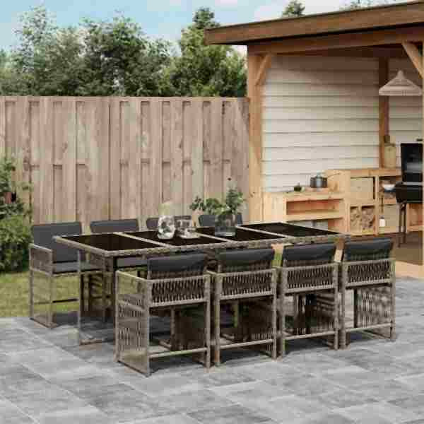 vidaXL 9-tlg. Garten-Essgruppe mit Kissen Grau Poly Rattan, UV-beständig, 3211640
