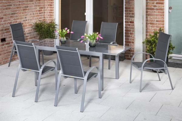 Merxx Amalfi Set 7-teilig, 4 Amalfi Stapelsessel mit hoher Rückenlehne, 2 Amalfi Stapelsessel, 1 Semi Ausziehtisch 180(250)x100 cm, silber/grau, 50356-309