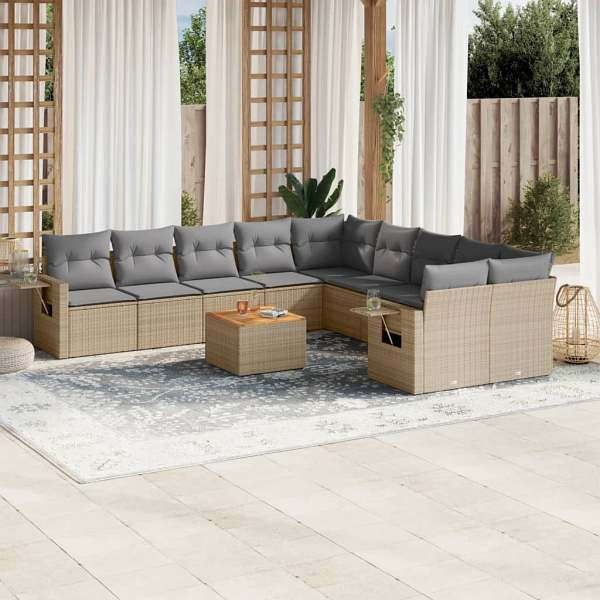 vidaXL 11-tlg. Garten-Sofagarnitur mit Kissen Beige Poly Rattan, UV-beständig, 3257088