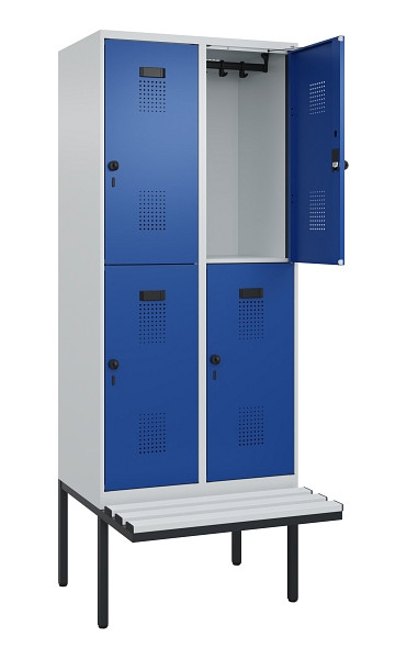 C+P Doppelstock-Spind Evolo PLUS, Bank, 4 Fächer, 2120x800x815mm, 7035/5010, Drehriegel, Sitzfläche Kunststoff, 0493407-22 S10087