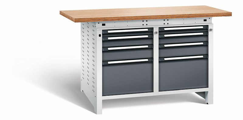 Otto Kind Werkbank Serie function Typ 216, Multiplexplatte 40 mm, überstehend, 2x Unterbau + Zentralverschluss, Gehäuse RAL 7035, Front RAL 7016, 072346249
