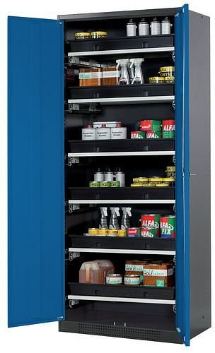 asecos Chemikalienschrank Systema-T CS-86, Korpus anthrazit, Flügeltüren blau, 6 Tablarauszüge, 209080