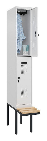 C+P Doppelstock-Spind Evolo PLUS, Bank, 2 Fächer, 2120x300x815mm, 9016/9016, Drehriegel, Sitzfläche Buche-Hartholz, 0493407-10 S10020