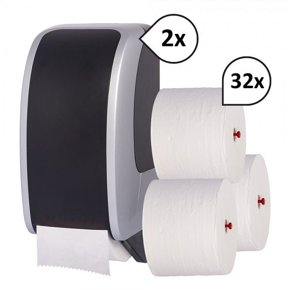 Produktbild von Blanc Hygienic SET: 2x Toilettenpapierspender Doppelrollen Blanc Cosmos + 32 Toilettenpapierrollen Long Life 3L, Farbe: silber/schwarz, PS-THR3503-2250SS Blanc Hygienic SET: 2x Toilettenpapierspender Doppelrollen Blanc Cosmos + 32 Toilettenpapierrollen Long Life 3L, Farbe: silber/schwarz, PS-THR3503-2250SS