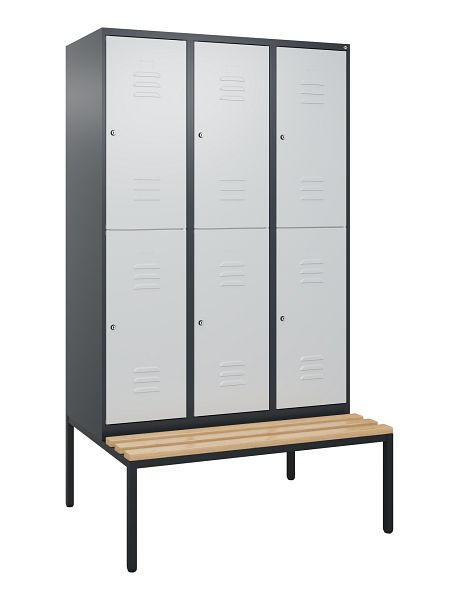 C+P Doppelstöckiger Spind Classic PLUS, 3 Abteile, 2120x1200x815mm, 7016/7035, Zylinderschlösser, Buche-Sitzleisten, Sitzbank, 0803507-32 S10103