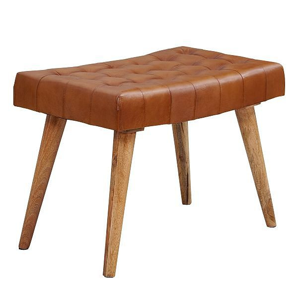 Wohnling Sitzhocker 67x47x39 cm Mango Massivholz / Echtleder Chesterfield-Design, WL6.012
