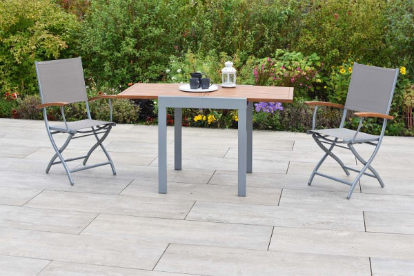 Merxx Naxos Set 3-teilig, 2 Naxos Klappsessel, 1 Balkonausziehtisch, 65 (130) x 65 cm, Aluminium mit Textilbespannung und FSC Akazienholz, 50225-309