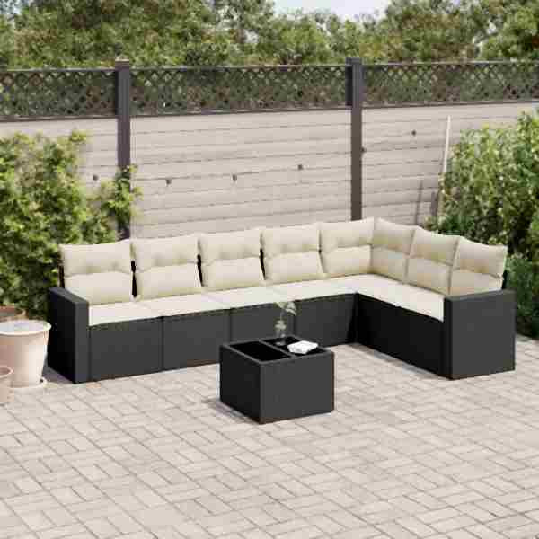 vidaXL 8-tlg. Garten-Sofagarnitur mit Kissen Schwarz Poly Rattan, UV-beständig, 3251393