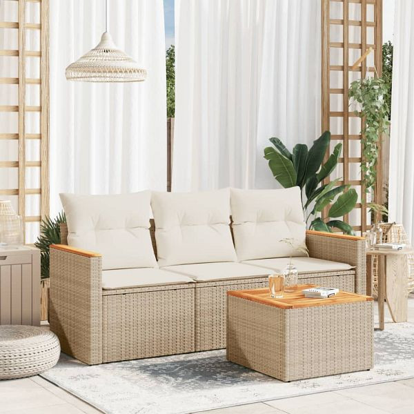 vidaXL 4-teilig Garten-Sofagarnitur mit Kissen Beige Poly Rattan, 3225764