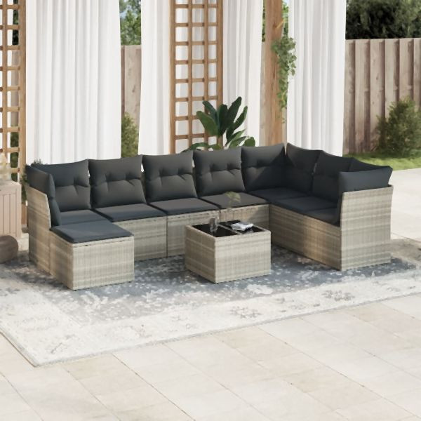 vidaXL 9-tlg. Garten-Sofagarnitur mit Kissen Hellgrau Poly Rattan, 3218062