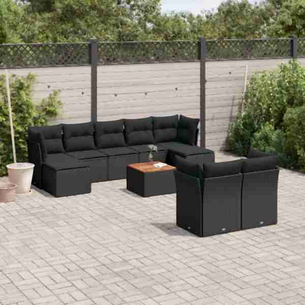 vidaXL 10-tlg. Garten-Sofagarnitur mit Kissen Schwarz Poly Rattan, UV-beständig, 3223871