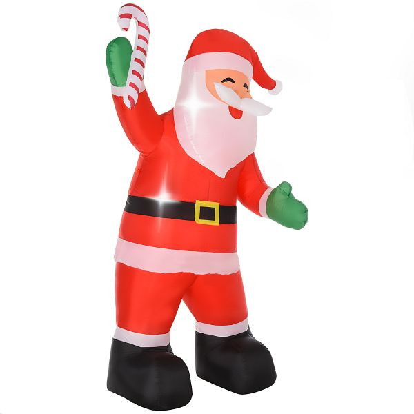 HOMCOM Aufblasbar Weihnachtsdeko, 2,4 m Weihnachtsmann mit LED-Beleuchtung, Zuckerstange für Innen- und Außenbereich, 844-298