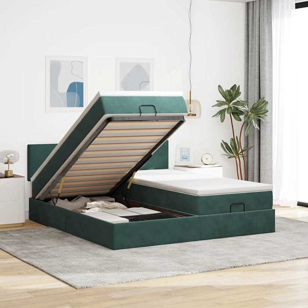 vidaXL Ottoman-Bett mit Matratzen & LEDs Dunkelgrün 160x200 cm Samt, 3312902