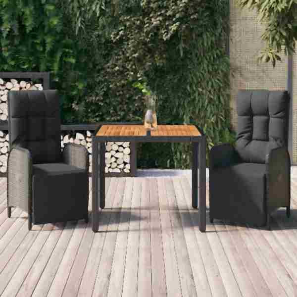 vidaXL 3-tlg. Garten-Essgruppe mit Kissen Schwarz Poly Rattan, 3185074