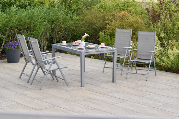 Merxx Amalfi Set 5-teilig, 4 Amalfi Klappsessel, Rückenlehne verstellbar, 1 Ausziehtisch 120 (180) x 90 cm, silber/diamantbraun, 50349-330