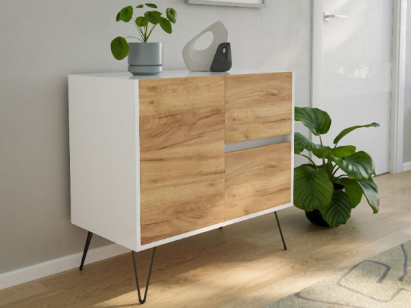 Posseik Sideboard Industrial C 80cm 2 Schubladen 1 Tür Weiß/Eiche Front, PN2079X0000034DE