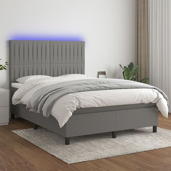 vidaXL Boxspringbett mit Matratze & LED Dunkelgrau 140x200 cm Stoff, 3135038