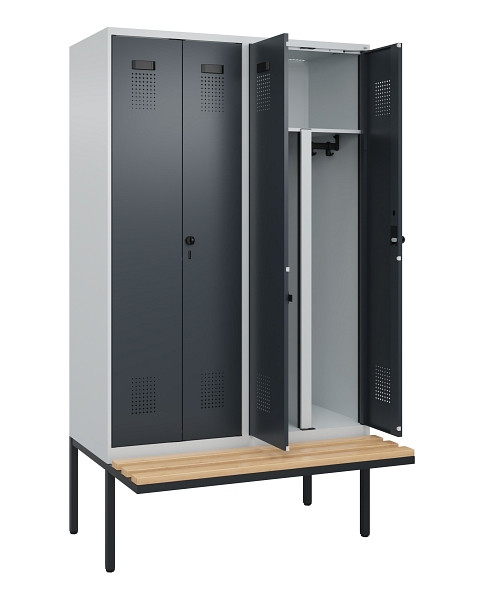 C+P PSA Doppel-Spind Evolo PLUS, Bank, 4 Abteile, 2120x1200x815mm, 7035/7016, Drehriegel, Sitzfläche Holz, 0490427-40P S10012