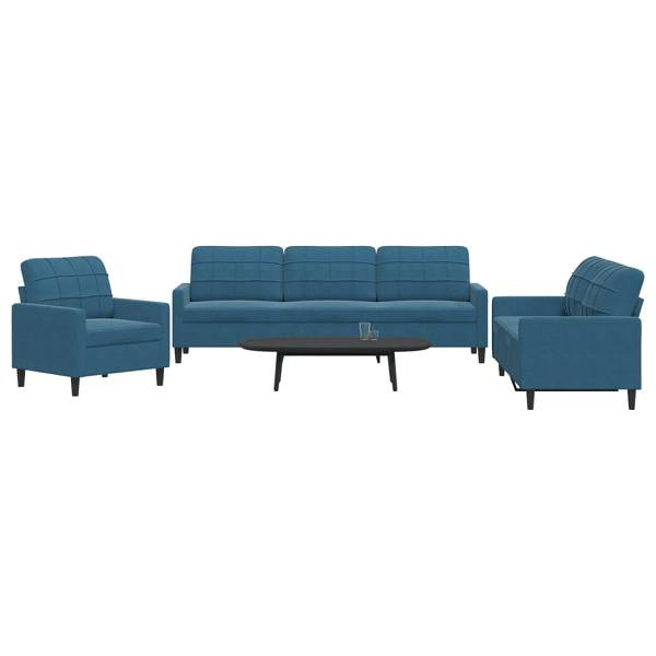 vidaXL 3-tlg. Sofagarnitur mit Kissen Blau Samt, 3278440