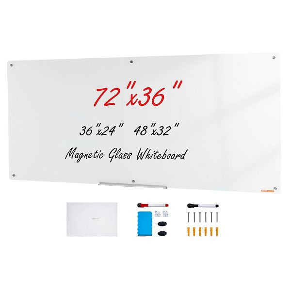 VEVOR Magnetisches Glas-Whiteboard, 1829 x 915 mm, ohne Rahmen, mit Stiftablage, einem Radiergummi & 2 Stiften, Magnettafel Weiß, CXGCBLBGHBL7KFTA9V0