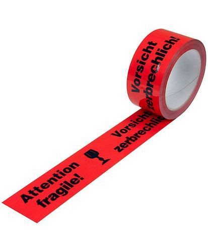 DENIOS Warn-Klebeband, PP, Aufdruck Vorsicht zerbrechlich, in signal-rot, 50 mm breit x 66 m, VE: 12 Rollen, 299568