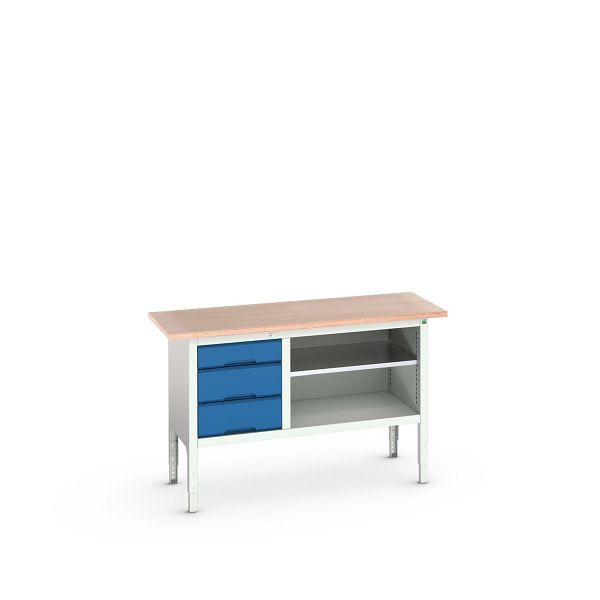 bott verso Kastenwerkbank mit einstellbarer Arbeitshöhe und Schubladenschrank mit 3 Schubladen, 1500x600x830-930mm, Lichtgrau/Enzianblau, 16923012.11