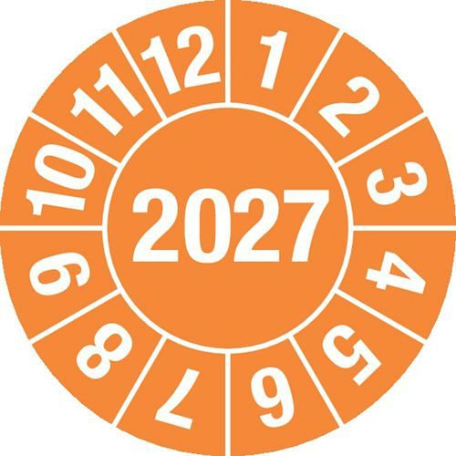 DENIOS Prüfplakette "2027", orange, Folie, selbstklebend, 15 mm, VE: 1 Bogen à 60 Stück, 290138