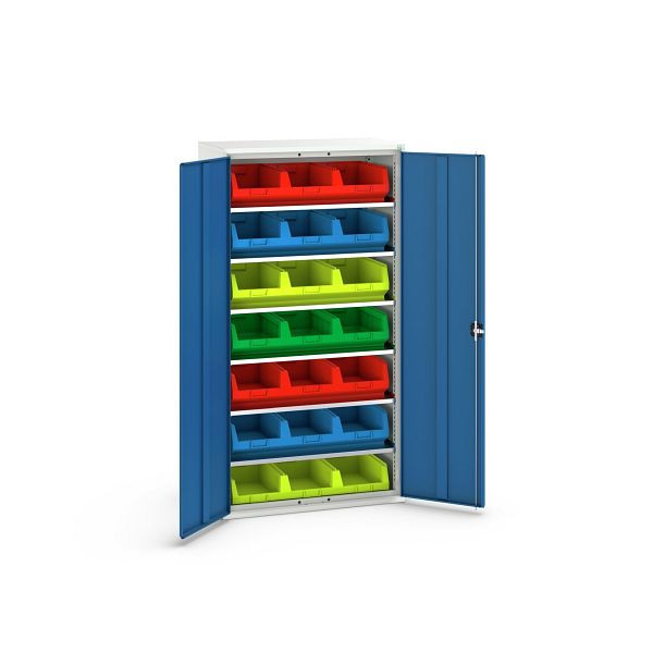 bott verso Magazinschrank, mit 6 Fachböden und 21 Sichtlagerkästen, BxTxH: 1050 x550 x 2000 mm, Lichtgrau / Enzianblau, 16926551.11