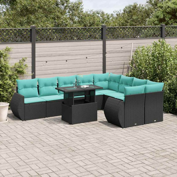 vidaXL 10-teiliges Gartensofa-Set mit Kissen, schwarzes Polyrattan, 3268757