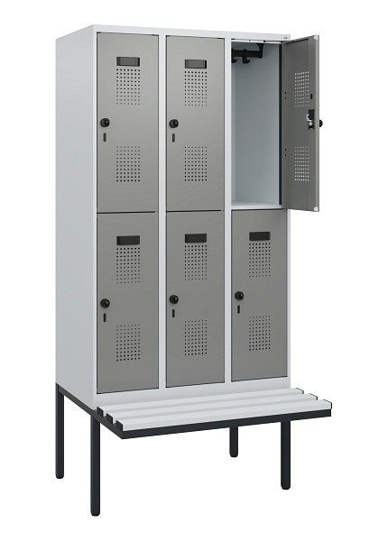 C+P Doppelstock-Spind Evolo PLUS, Bank, 6 Fächer, 1950x900x815mm, 7035/0004, Drehriegel, Sitzfläche Kunststoff, 0493405-30 S10108