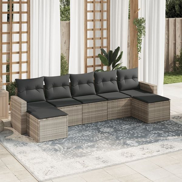 vidaXL 7-teilig Garten-Sofagarnitur mit Kissen Hellgrau Poly Rattan, 3219332