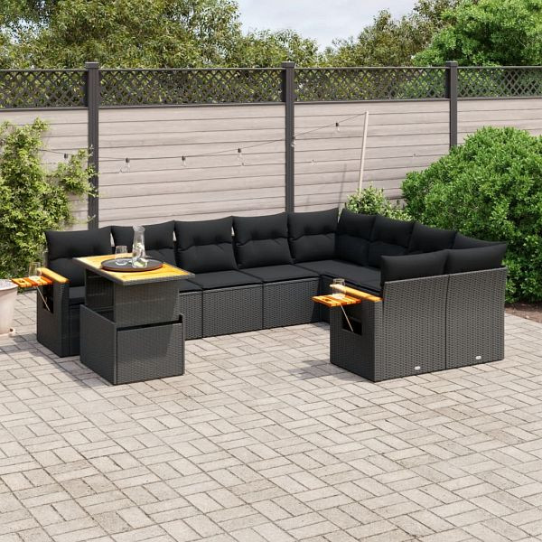 vidaXL 10-teilig Garten-Sofagarnitur mit Kissen Schwarz Poly Rattan, 3273680