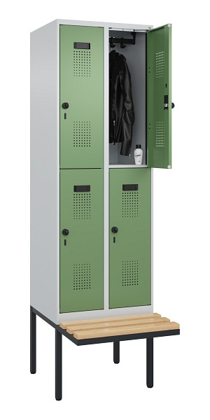 C+P Doppelstock-Spind Evolo PLUS, Bank, 4 Fächer, 2120x600x815mm, 7035/6011, Drehriegel, Sitzfläche Buche-Hartholz, 0493407-20 S10010
