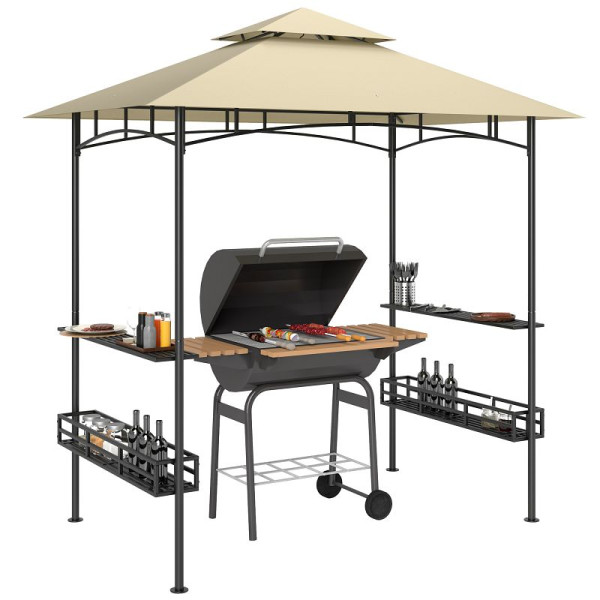 Outsunny Grillpavillon mit LED 240 x 150 x 258 cm wasserabweisend flammhemmend Gartenpavillon mit Doppelschichtdach, 84C-561V00BG