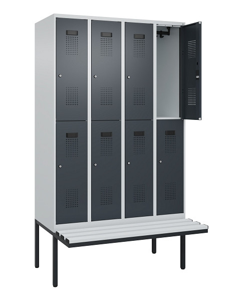 C+P Doppelstock-Spind Evolo PLUS, Bank, 8 Fächer, 2120x1200x815mm, 7035/7016, Zylinderschloss, Sitzfläche Kunststoff, 0493407-40 S10120