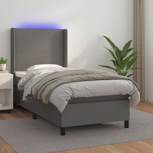 vidaXL Boxspringbett mit Matratze & LED Grau 100x200 cm Kunstleder, 3139251