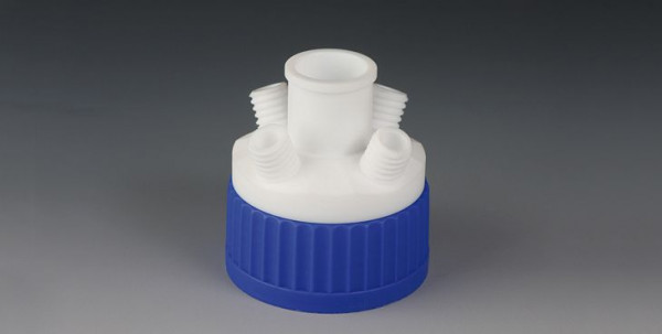 Bohlender Reaktionsgefäßdeckel (S) für Gewinde GLS 80, Verteilerkörper aus PTFE mit Mittelhals Hülse NS 29/34, Hälse seitlich GL 2 x 18, D 748-40